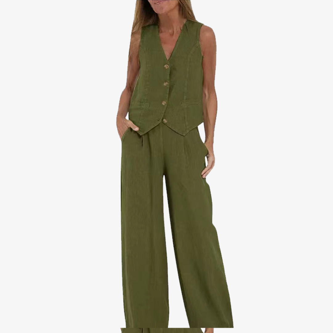 Celeste | Women’s Buttoned Vest and Wide-Leg Trousers Set