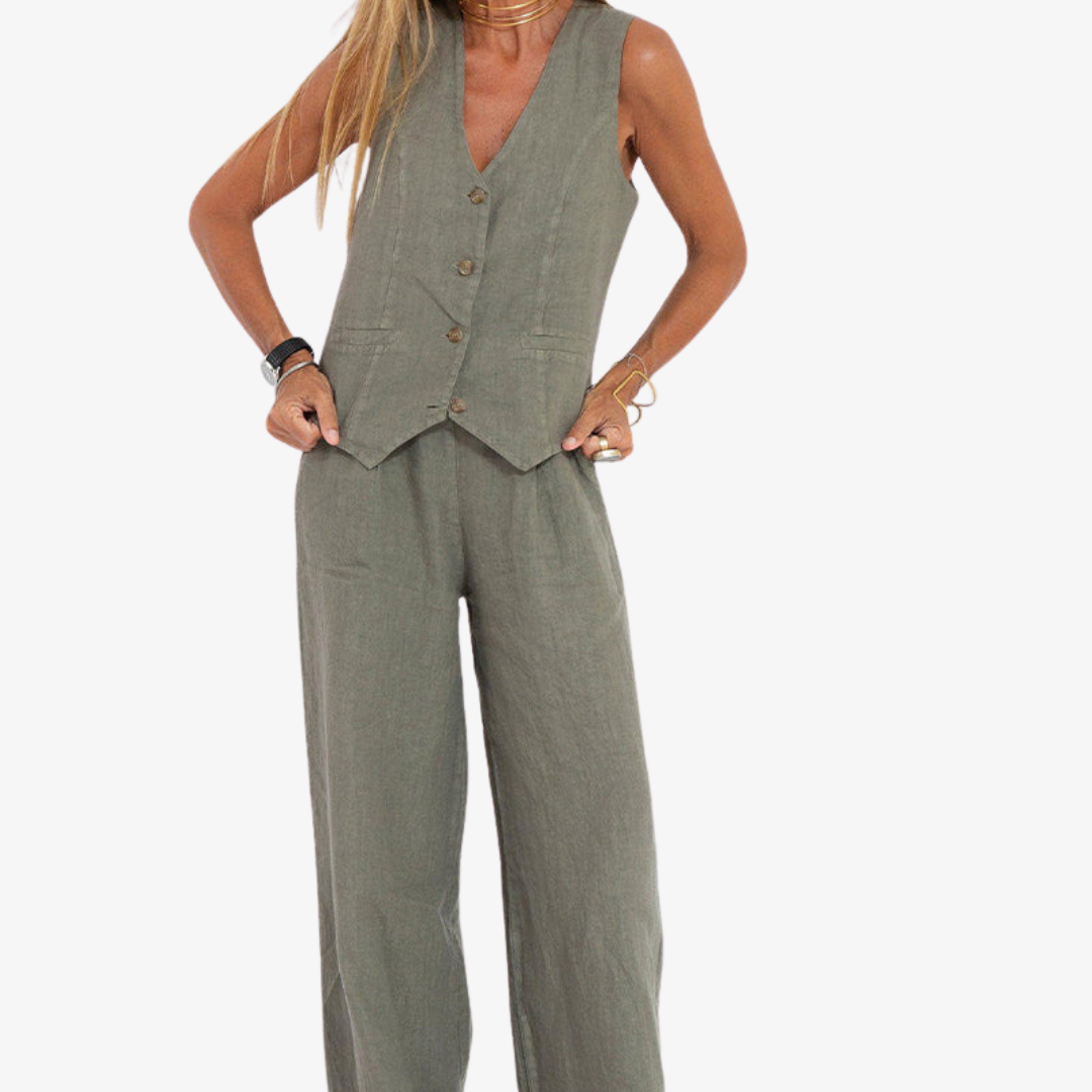 Celeste | Women’s Buttoned Vest and Wide-Leg Trousers Set