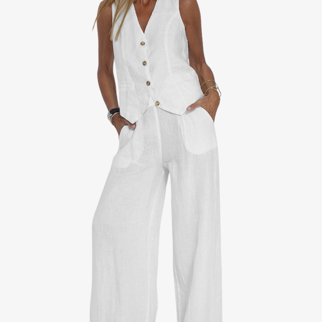 Celeste | Women’s Buttoned Vest and Wide-Leg Trousers Set