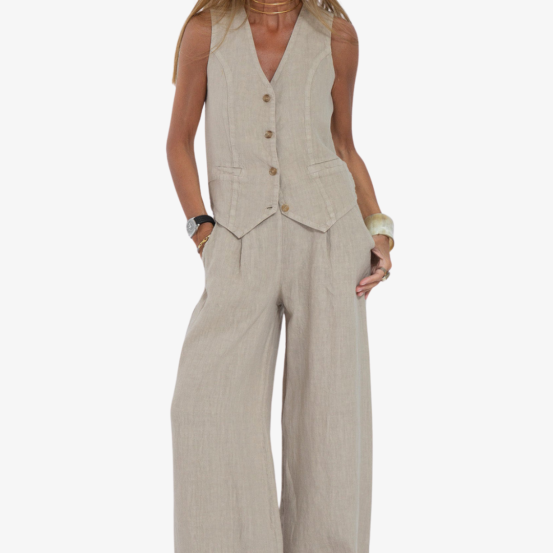 Celeste | Women’s Buttoned Vest and Wide-Leg Trousers Set