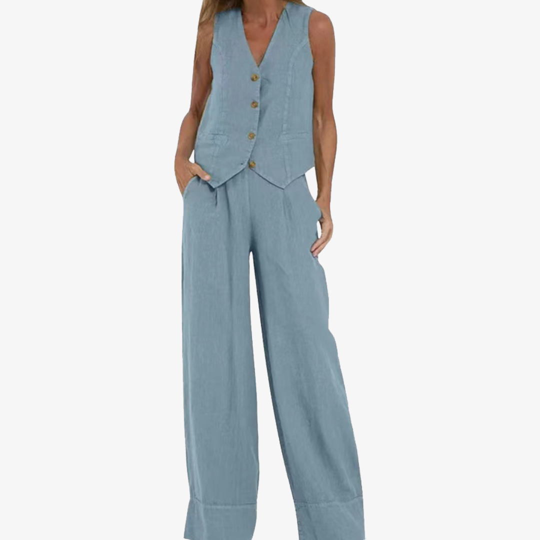 Celeste | Women’s Buttoned Vest and Wide-Leg Trousers Set