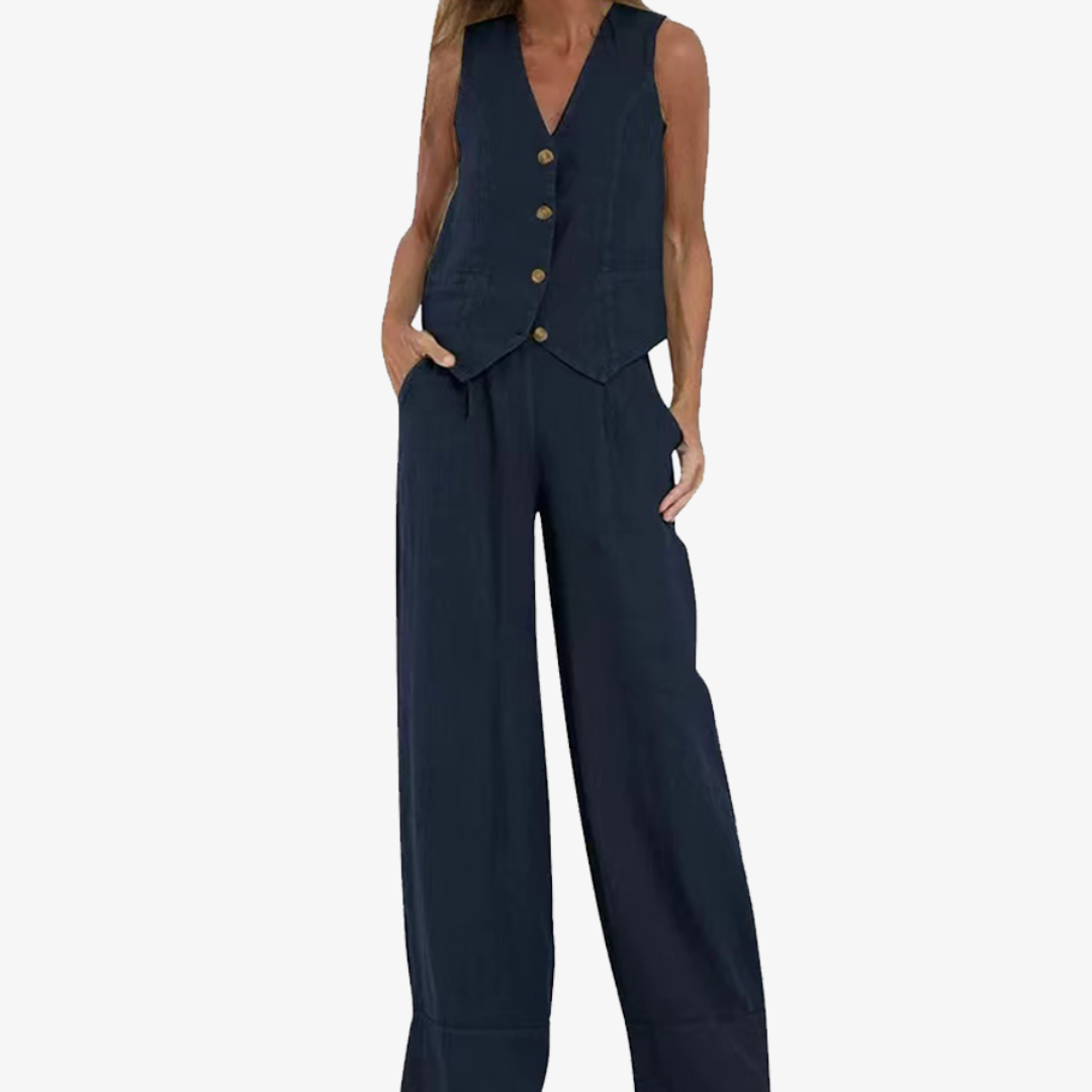 Celeste | Women’s Buttoned Vest and Wide-Leg Trousers Set