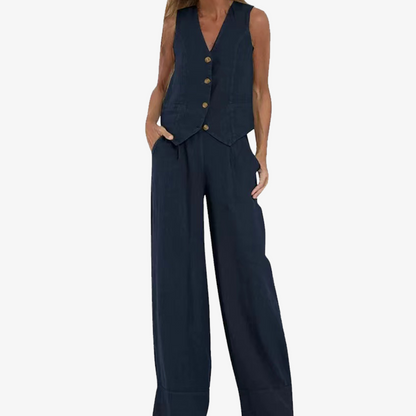Celeste | Women’s Buttoned Vest and Wide-Leg Trousers Set