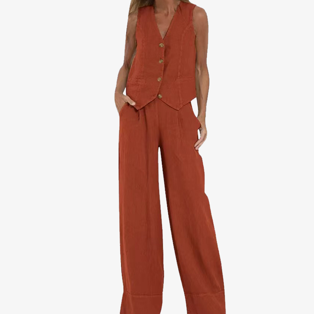 Celeste | Women’s Buttoned Vest and Wide-Leg Trousers Set